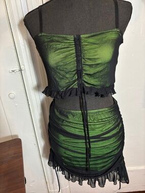 Current Mood Green and Black Ruched Mesh Mini Set